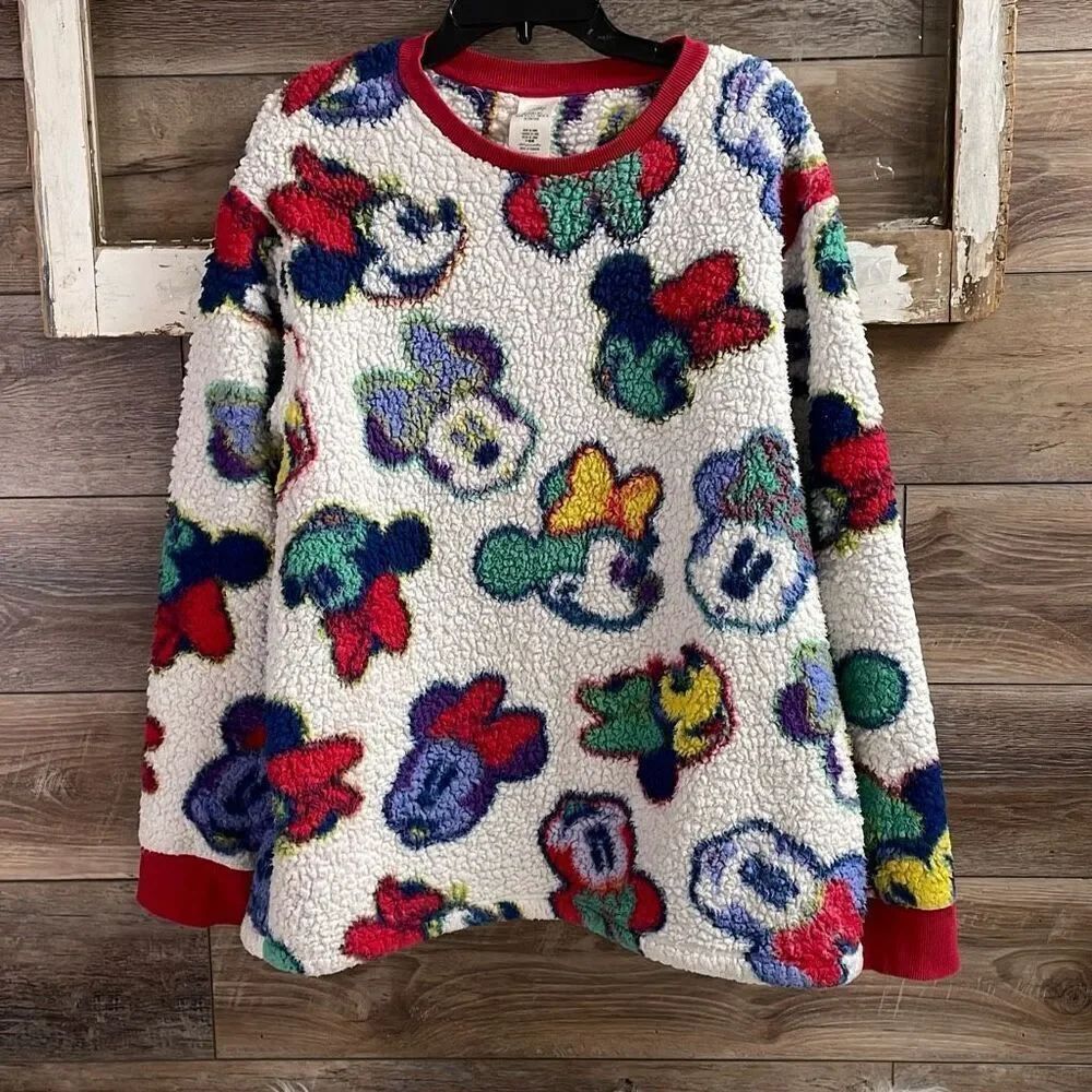 DISNEY Ladies Minnie Mouse Fleece Colorful Sweatshirt Size Large White Red 2022